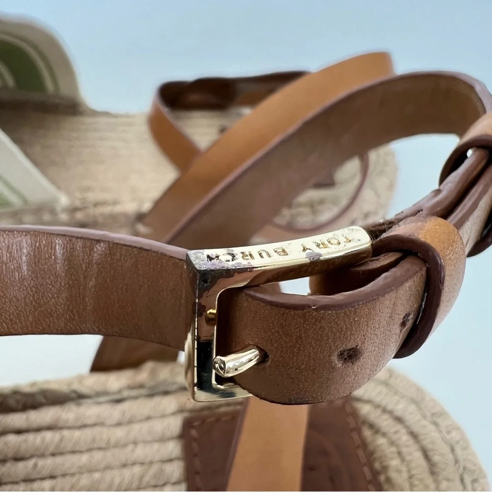 TORY BURCH Green Beige Leather Canvas Buckle Strap Wrap Flat Espadrilles Sz 10.5